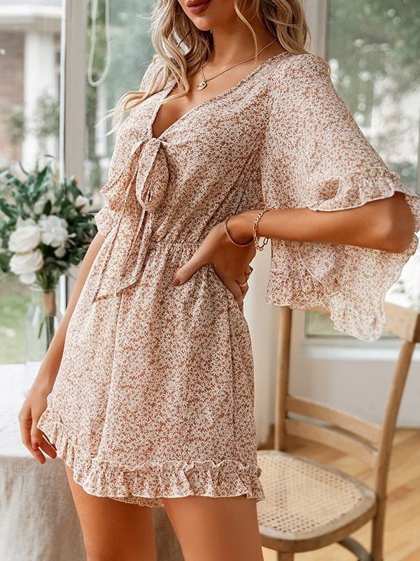 Floral V Neck Tie Front Ruffle Baggy Sleeves Short Jumpsuit - Jumpsuits & Rompers - Uniqistic.com