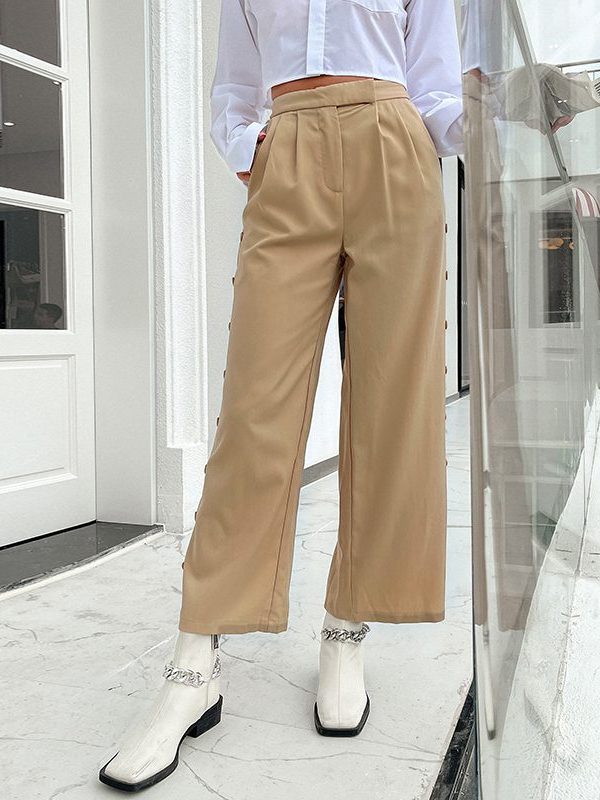 Office Lady Elastic Waist Solid Single Breasted Pocket Trousers - Pants - Uniqistic.com