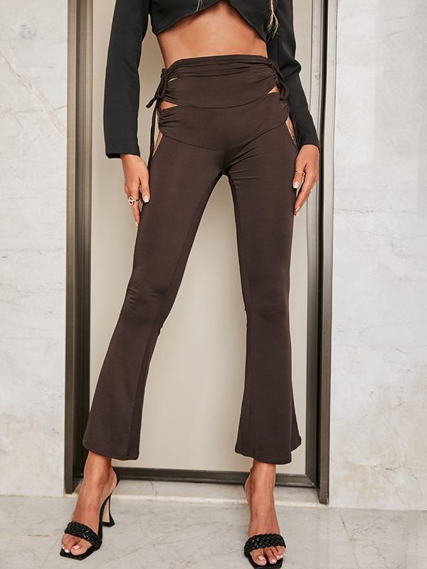 Hollow out flare high street chic bandage lace up trousers