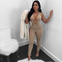 Sexy  Nightclub Rhinestone Deep V-neck Sexy Jumpsuit in Jumpsuits & Rompers