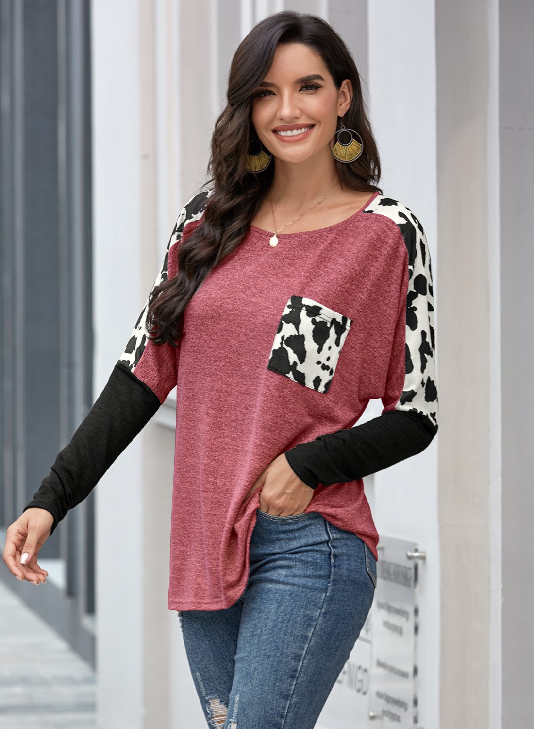 Round collar hoodie with patterned patchwork casual knit top