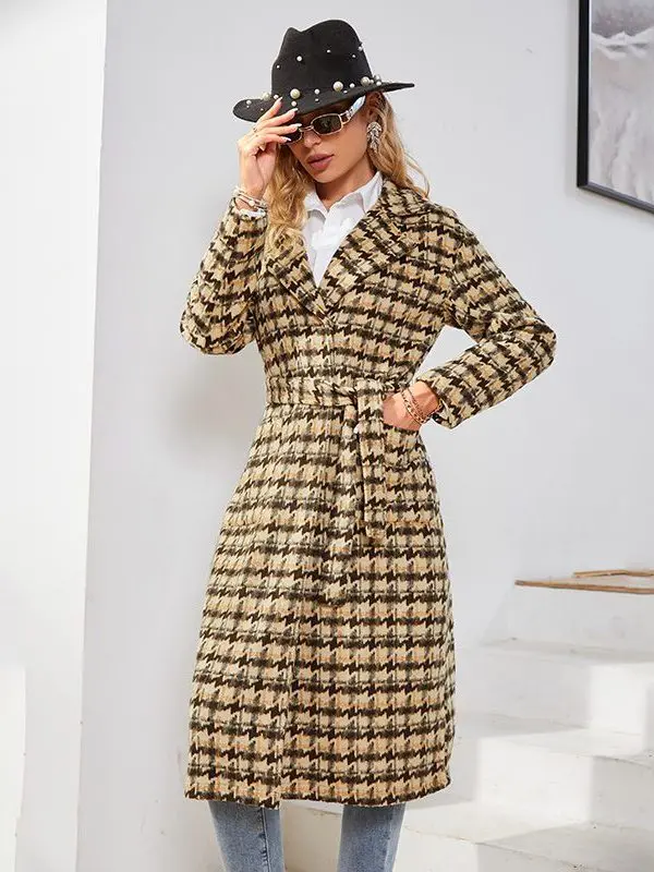 Office Lady Houndstooth Lapel Long Coat - Coats & Jackets - Uniqistic.com
