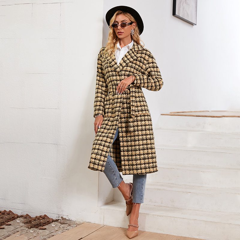 Office lady houndstooth lapel long coat