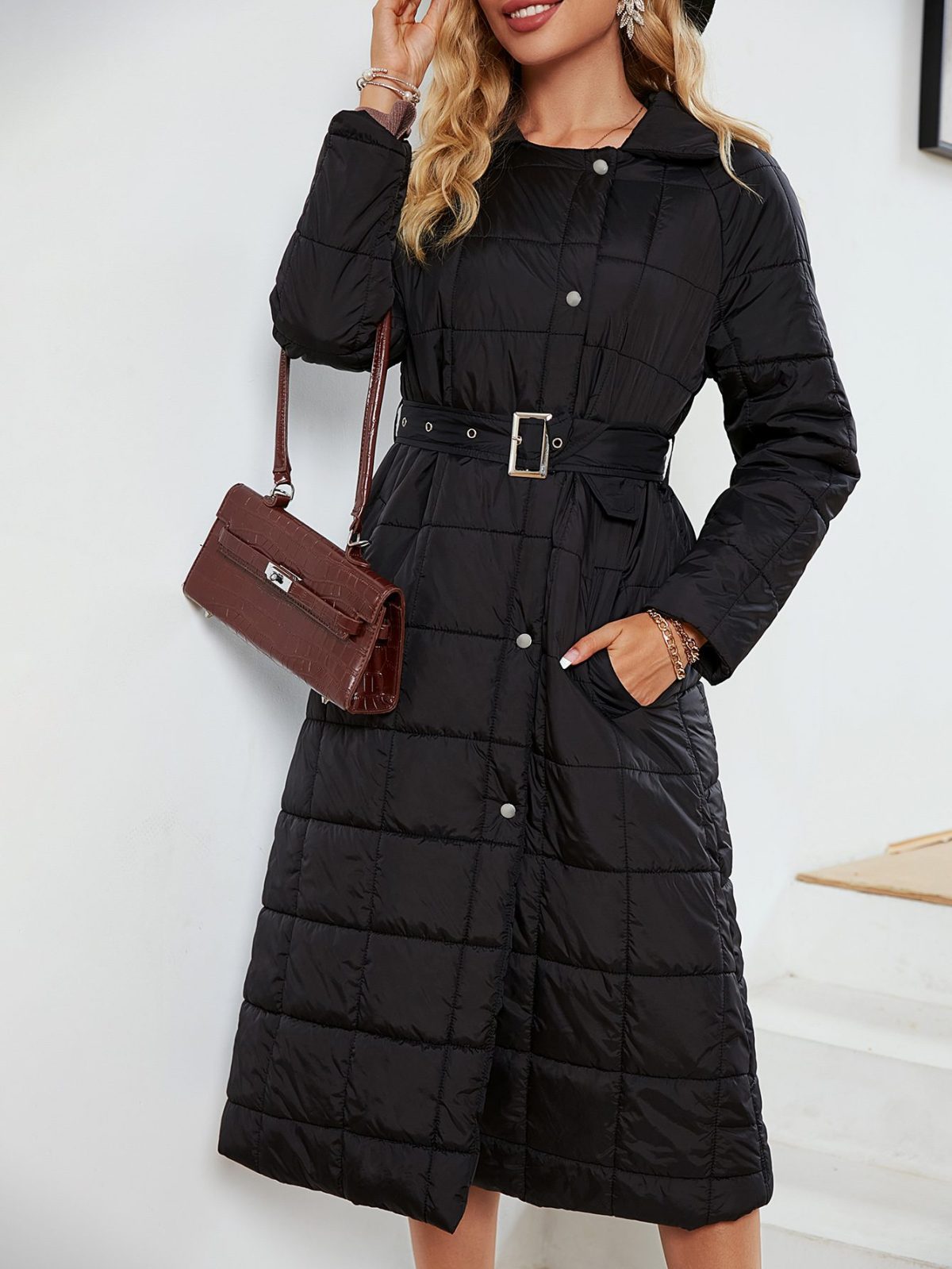 Elegant Black Plaid Puffer Long Quilted Coat - Coats & Jackets - Uniqistic.com