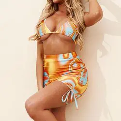 Color corrugated printed drawstring sexy swimsuit