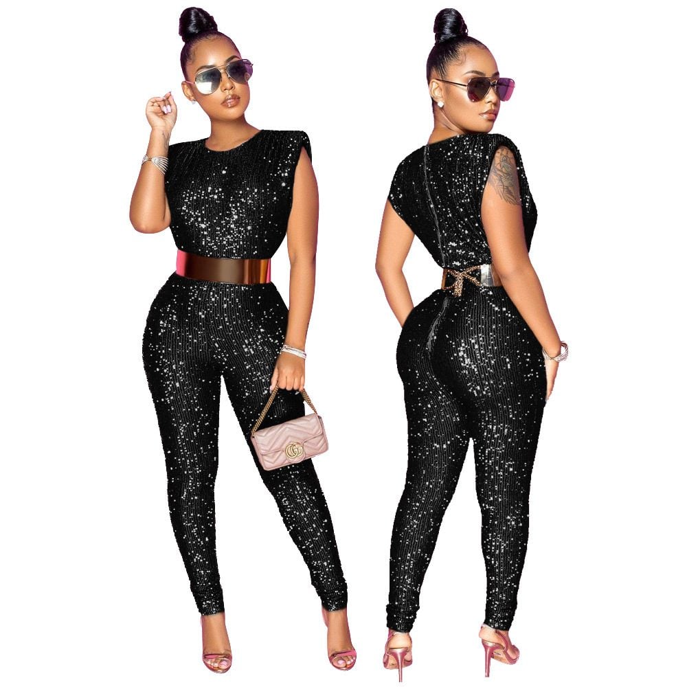 Sequined Sexy Sleeveless Slim Fit Bodysuit Women without Belt - Jumpsuits & Rompers - Uniqistic.com