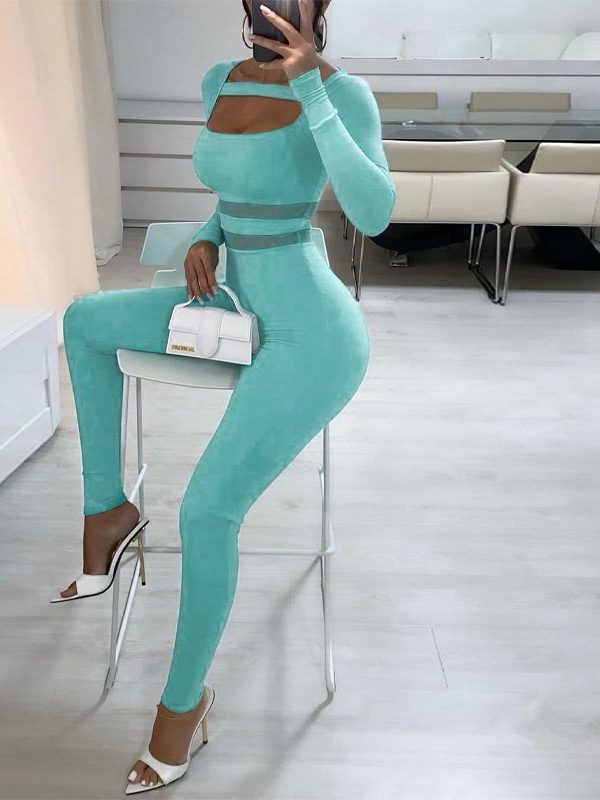 Solid Color Square Collar Mesh Stitching Sports Fitness Jumpsuit in Jumpsuits & Rompers