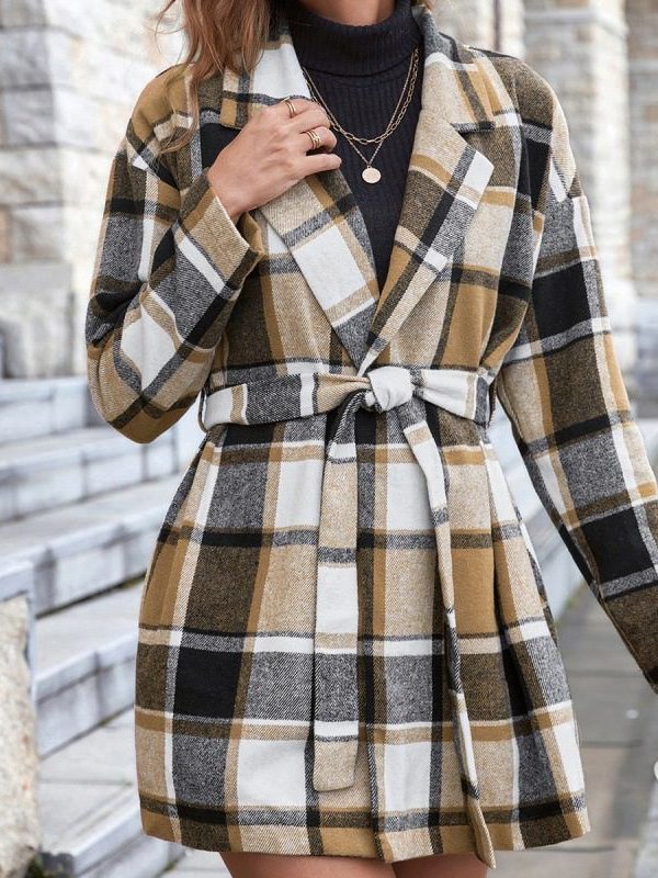 Casual Plaid Lapel Belt Windbreaker Woolen Cardigan Coat - Coats & Jackets - Uniqistic.com