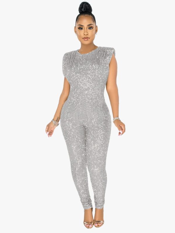 Sequined Sexy Sleeveless Slim Fit Bodysuit Women without Belt in Jumpsuits & Rompers