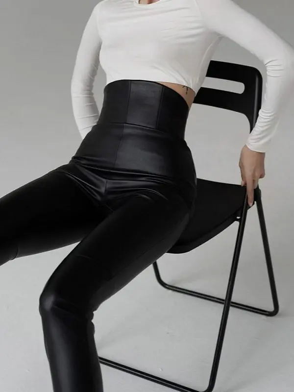 High Waist Belly Contracting Matte PU Leather Pants in Pants