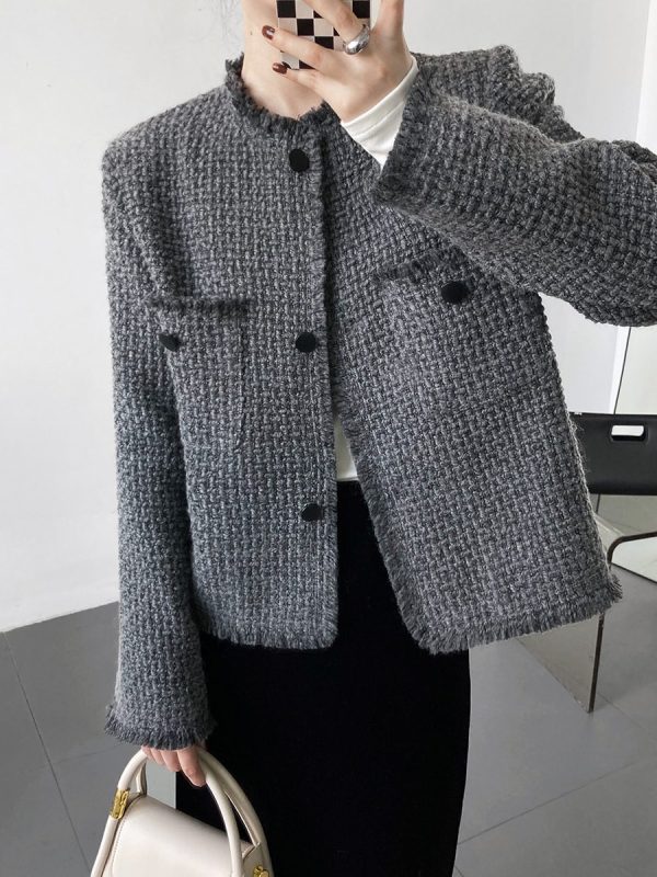 Tassel Short Frayed Hem Wool Tweed Top - Coats & Jackets - Uniqistic.com