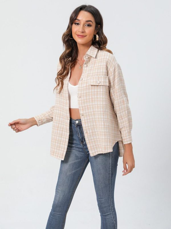 Pearl Buckle Plaid Lapel Long Sleeve Shirt - Blouses & Shirts - Uniqistic.com