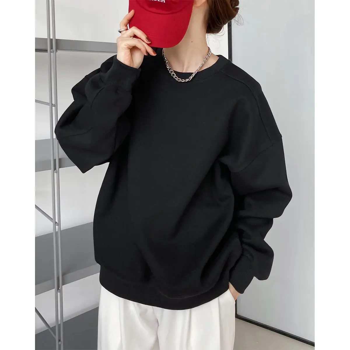 Wine red loose korean style loose bf long sleeve pullover