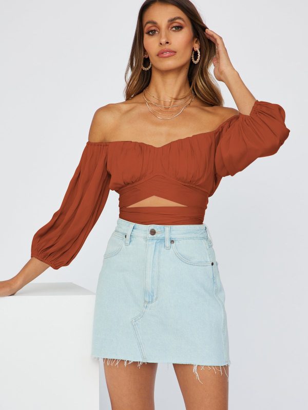 Solid Color off-Neck 3/4 Sleeve Lace-up Cutout Ultra Short Top in T-shirts & Tops