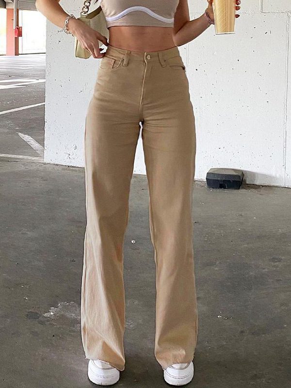 Solid color pocket high waist straight denim trousers