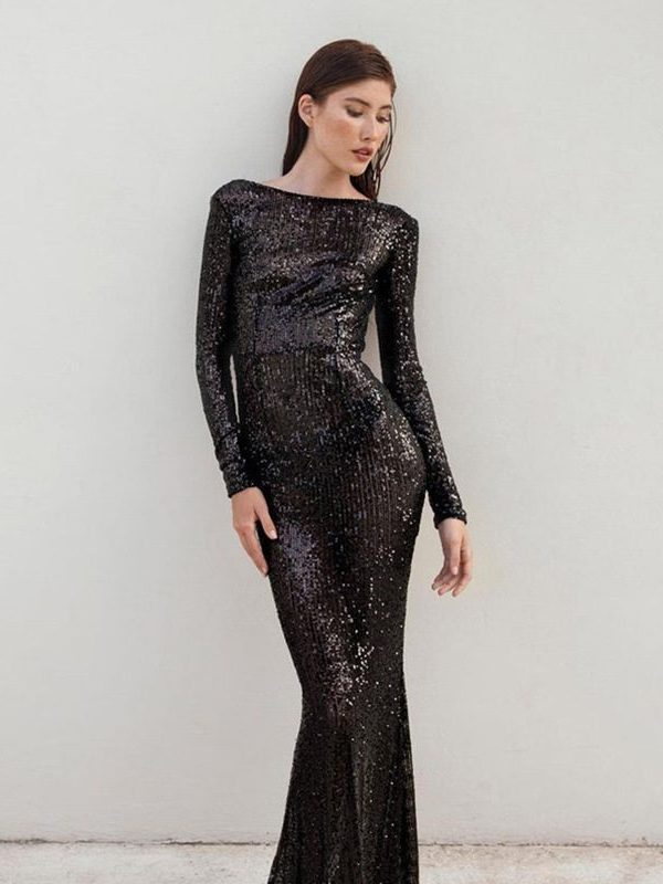 Long Sleeve U-Shaped Backless Sequined See-through Dress in Evening Dresses