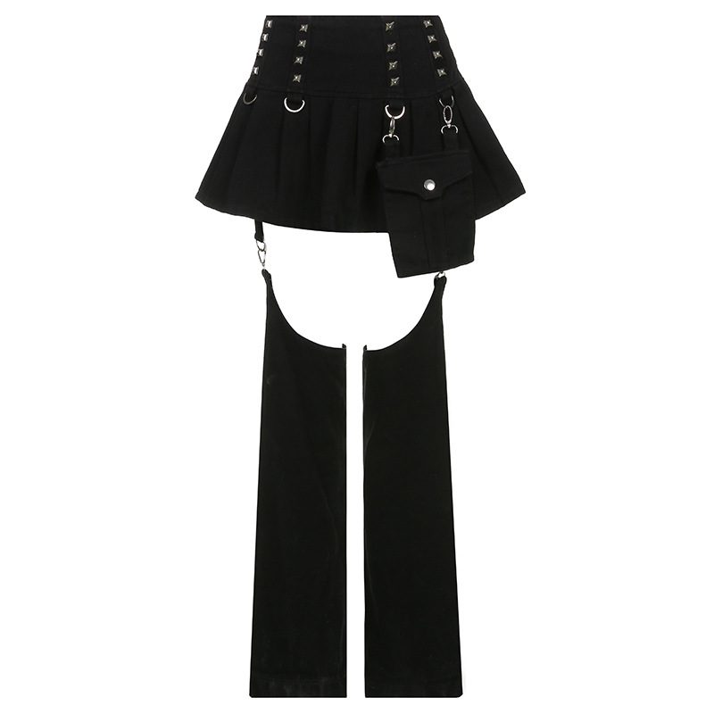 Dark style irregular removable rivet zip chain casual denim trousers