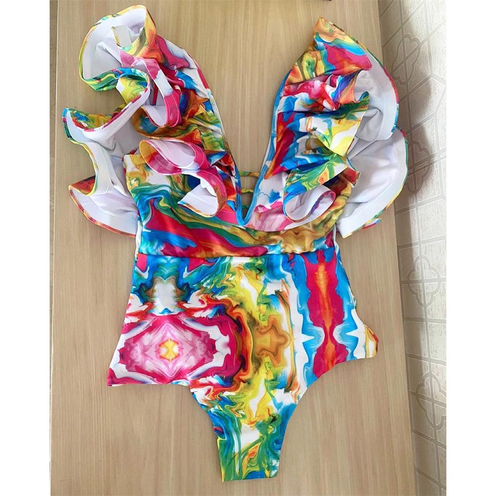 One-piece tie-dye printing deep v-neck backless high waist swimsuit