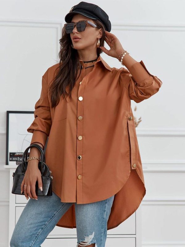 Spring Solid Color Stitching Button Irregular Slit Top Long Shirt in Blouses & Shirts