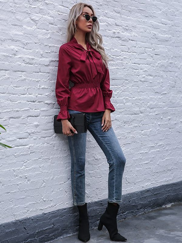 Solid Color Scarf Collar Slim Fit Elasticated Waist Speaker Long Sleeve Pullover Shirt - Blouses & Shirts - Uniqistic.com