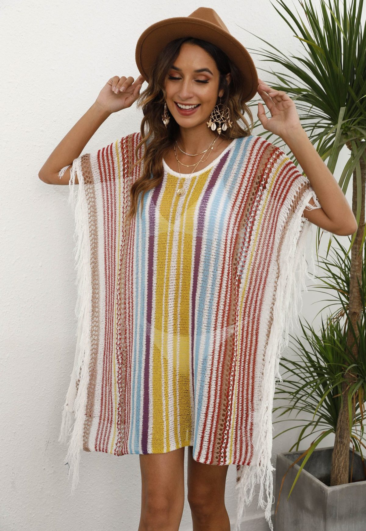 Ladies Overclothes Hollow Color Mixing Machine Woven Irregular Tassel Stitching Beach Cover-up in Swimsuits