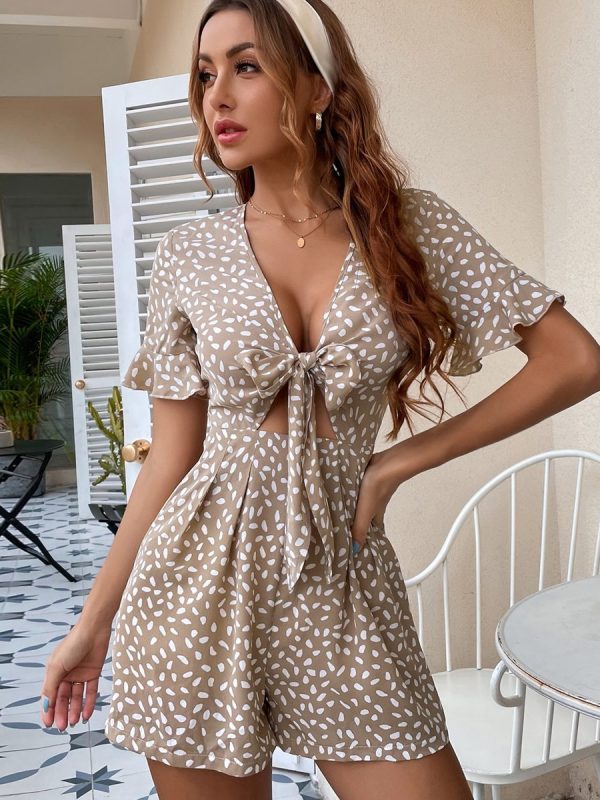 V-neck Zipper Hollow-out Long Sleeve  Short Culottes Pleated Lace All-Matching Sexy Jumpsuit - Jumpsuits & Rompers - Uniqistic.com