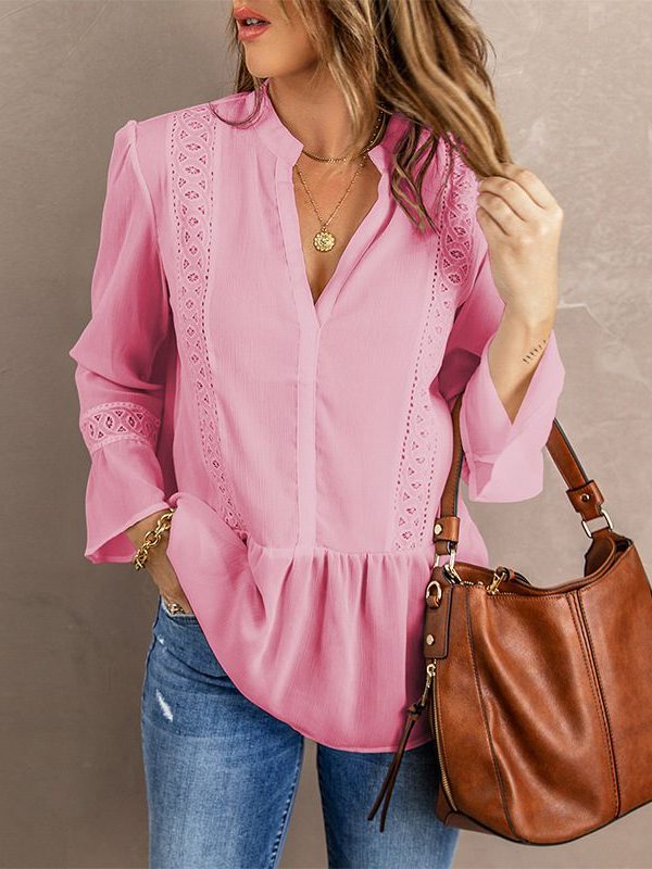 Solid Color and V-neck Chiffon Shirt - Blouses & Shirts - Uniqistic.com