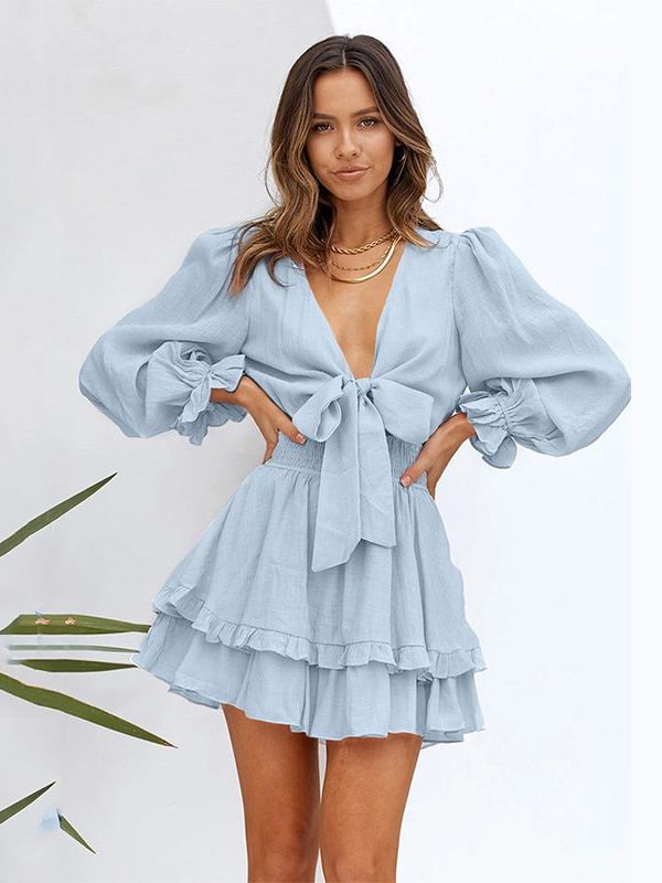Ruffled New Waist-Controlled Lace-up Knee-Length High Waist Dress in Dresses