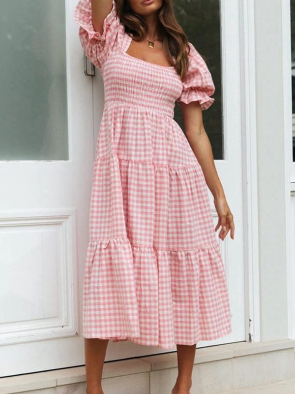 Spring and Summer Ladies Plaid Puff Sleeve Dress - Dresses - Uniqistic.com