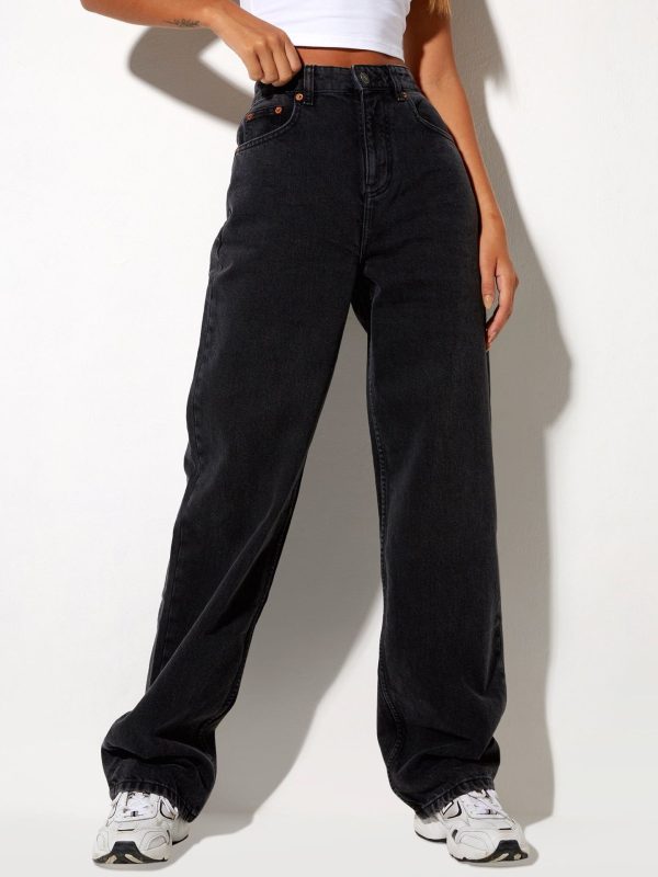 High waist loose straight cool black denim trousers