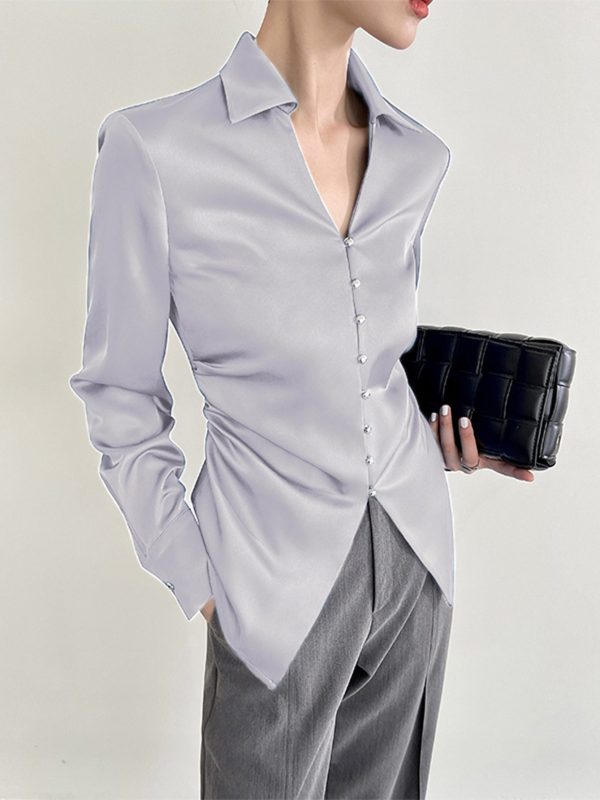 Satin Silk Long Sleeve Lapel Single Breasted Shirt - Blouses & Shirts - Uniqistic.com