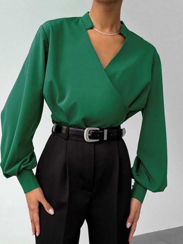 Office Green V-Neck Lantern Long Sleeve Women Blouse - Blouses & Shirts - Uniqistic.com