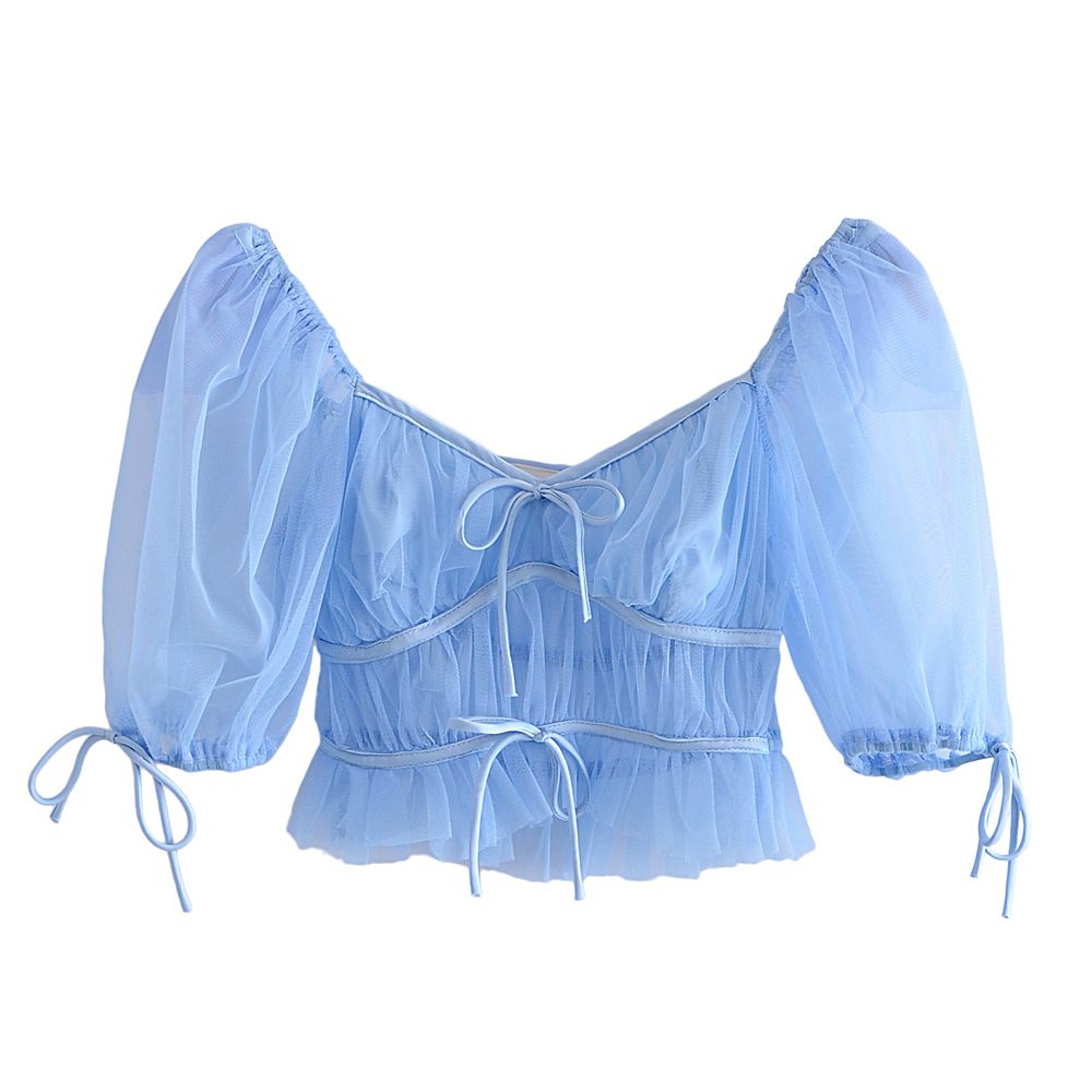 Light tulle soft pleated lace-up square collar bra top