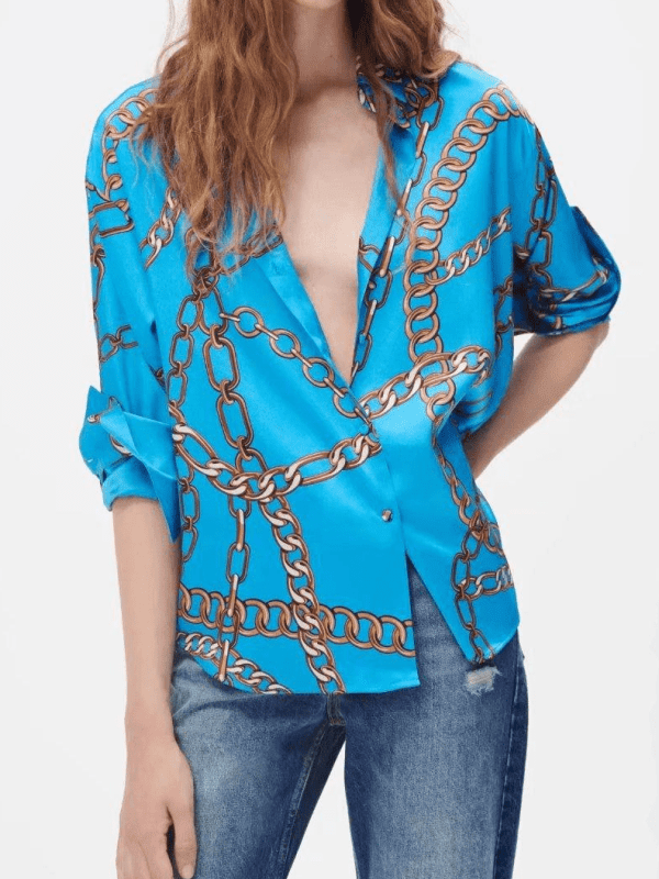 Polo Collar Fashion Fashionmonger Chain Print Cardigan Shirt - Blouses & Shirts - Uniqistic.com
