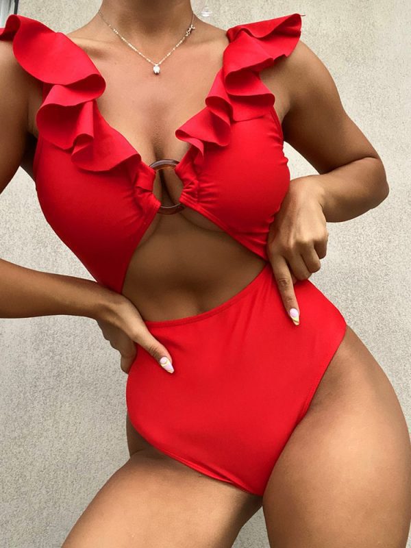 Solid One Piece Sexy Ruffle Bathing Suits Push Up Swimwear in Swimsuits