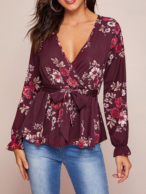 Floral Lace-up Long Sleeve Fashion Pullover Shirt - Blouses & Shirts - Uniqistic.com