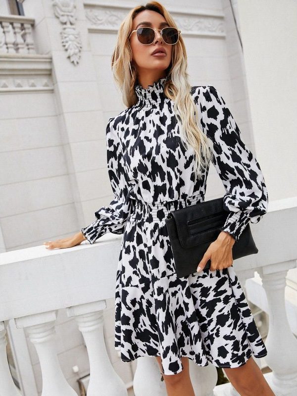 Leopard Print round Neck Pullover Smocking Ruffled Long Sleeve Mid-Length Dress - Dresses - Uniqistic.com