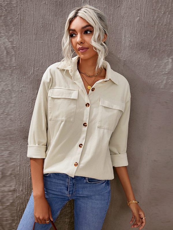 Solid Color Loose Single-Breasted Lapel Long Sleeve Shirt - Blouses & Shirts - Uniqistic.com
