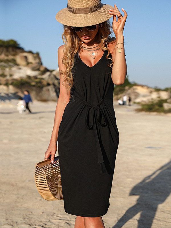 Summer  Skinny Hip Skirt Sleeveless Pleated Black Vacation Spaghetti Straps Dress - Dresses - Uniqistic.com