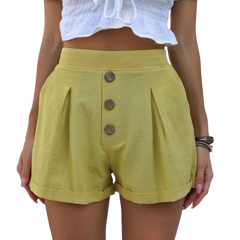 Button decorations cotton linen shorts
