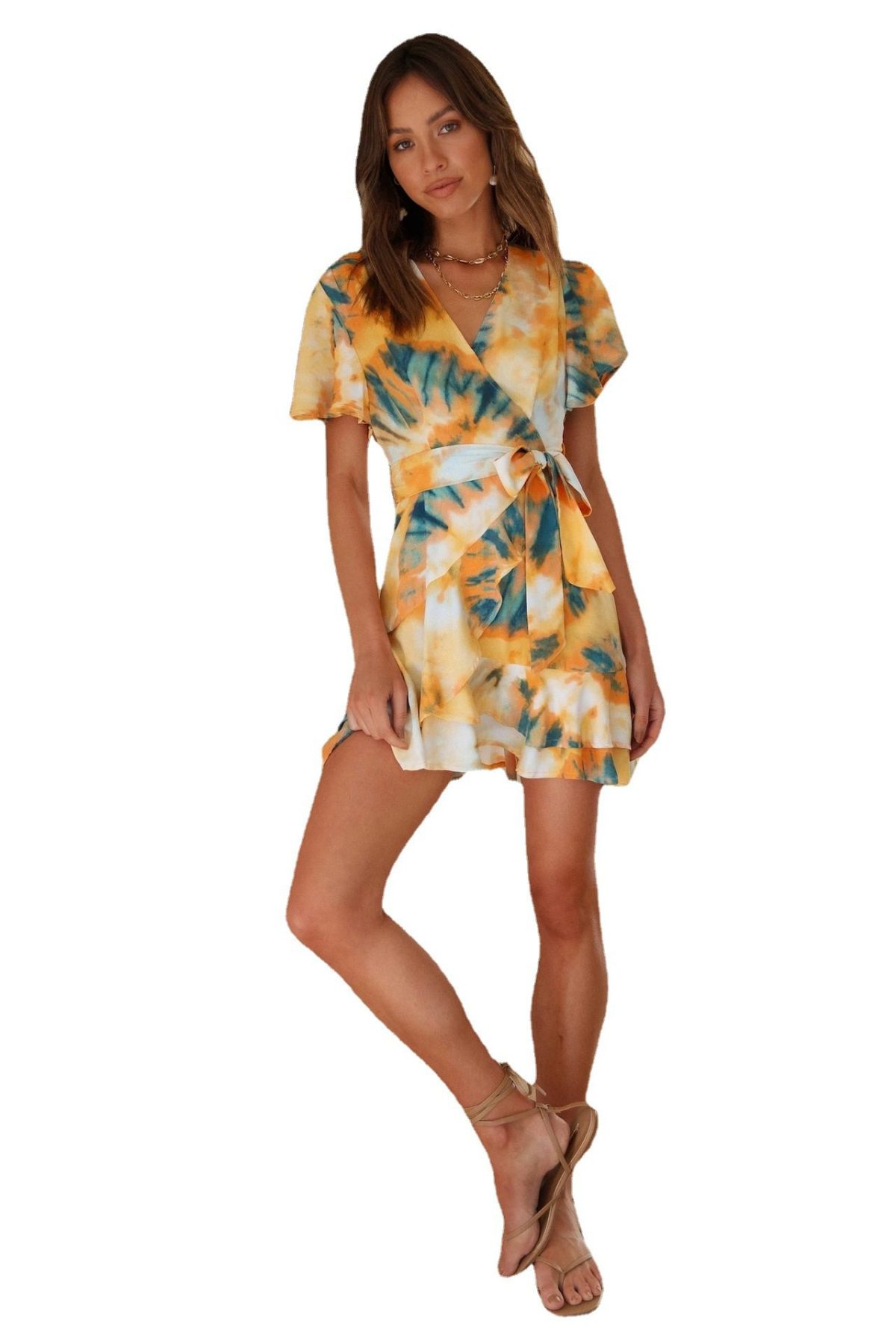 Short Sleeves V-neck Asymmetric Skirt Strap Printing Dress - Dresses - Uniqistic.com
