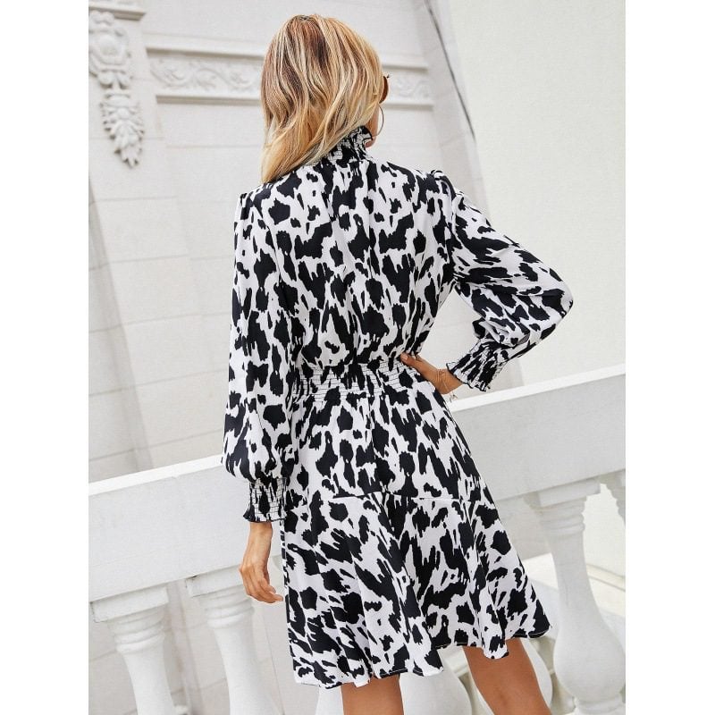 Leopard Print round Neck Pullover Smocking Ruffled Long Sleeve Mid-Length Dress - Dresses - Uniqistic.com