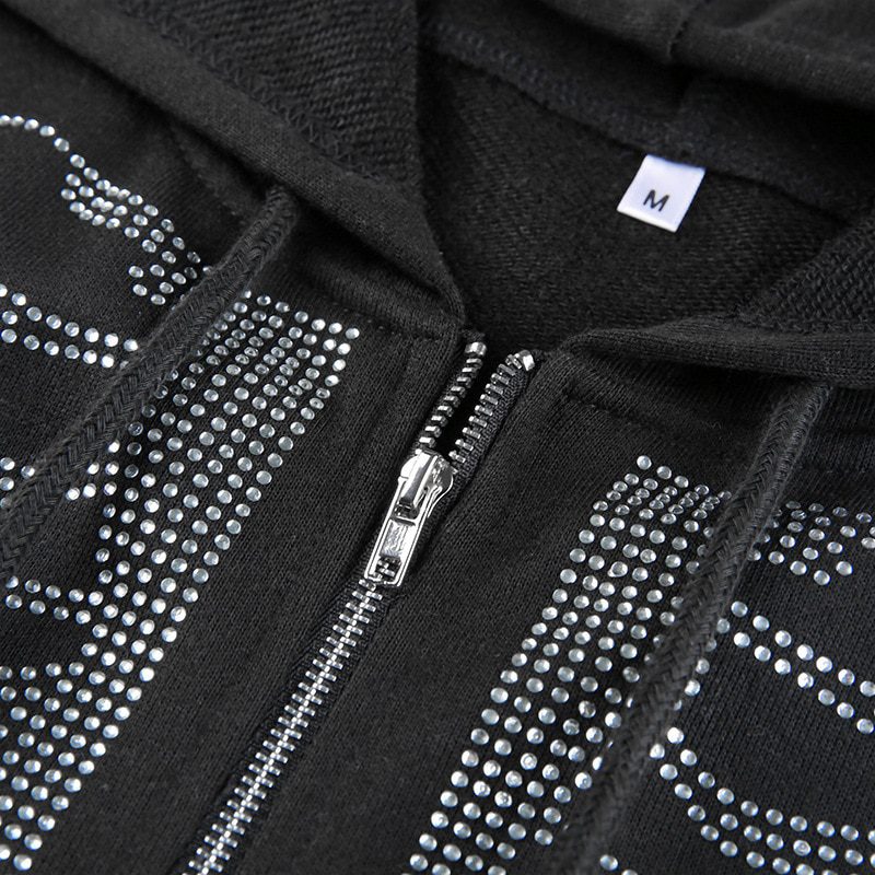 Rhinestone Skeleton Gothic Black Zip Up Oversized Sweatshirts in Hoodies & Sweatshirts