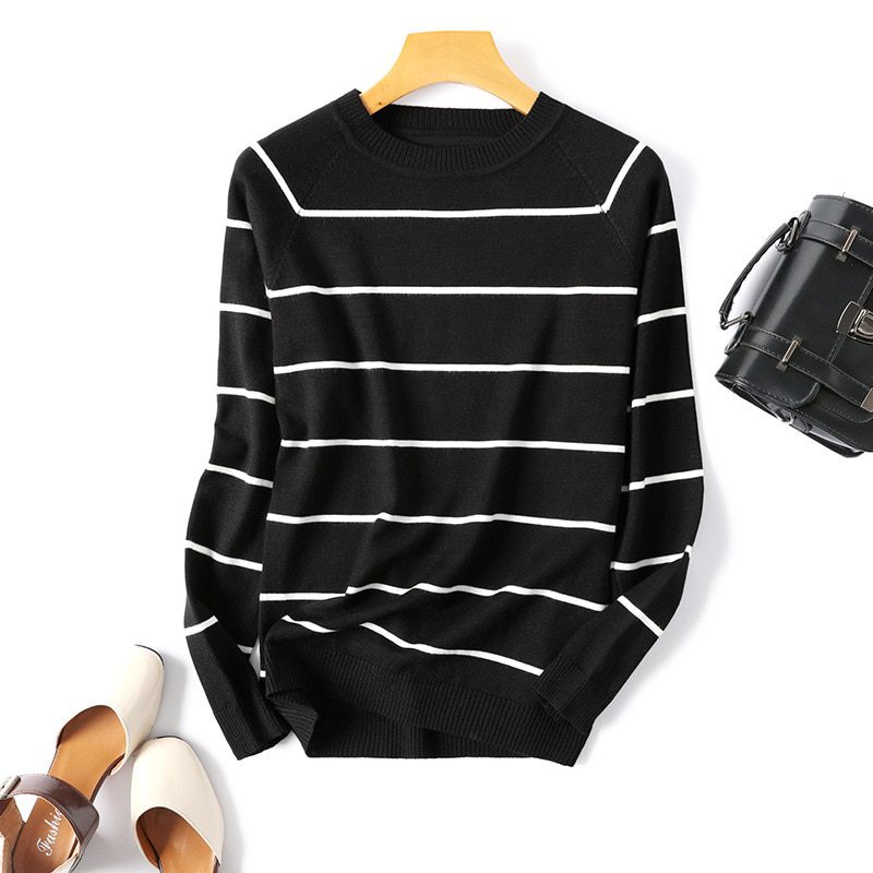Long Sleeve Striped O-Neck Tops Korean Pull Femme Jumper in Sweaters