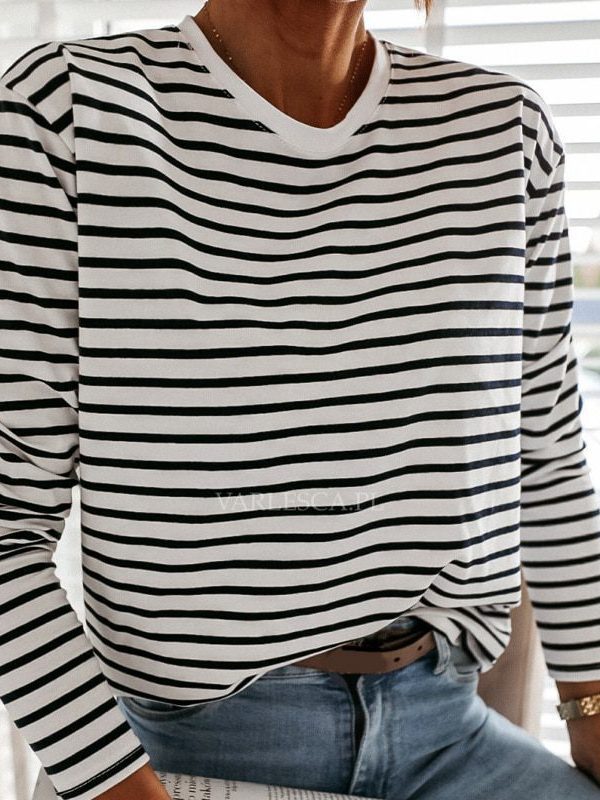 Black And White Stripes O Neck Casual Long Sleeve Loose Pullover in Hoodies & Sweatshirts