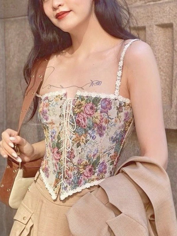Vintage Print Halter Chic Bandage Floral Corset Shirt in Blouses & Shirts
