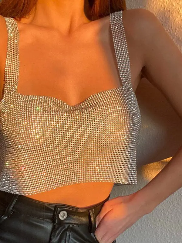 Solid Backless Straps Full Diamonds Sequins Cami Cropped Top in T-shirts & Tops