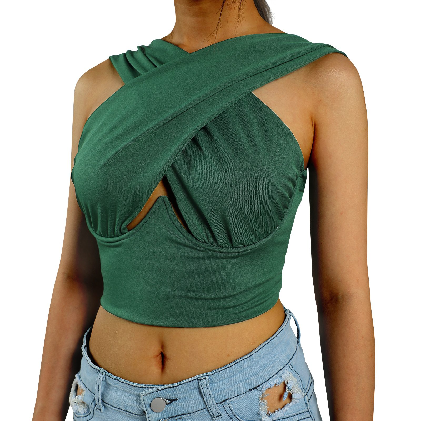Criss Cross Sexy Sleeveless Solid Color Cutout  Crop Top in T-shirts & Tops