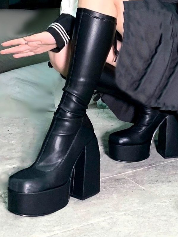 Punk style elastic microfiber platform long knee high boots in Women's Boots