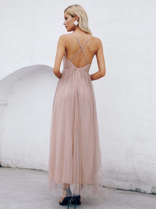 Mesh Pink Lace Elegant V Neck Evening Maxi Party Dress - Evening Dresses - Uniqistic.com